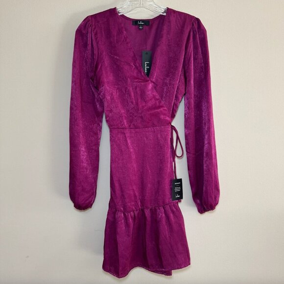 NWT Lulus So Splendid Magenta Purple Satin Long Sleeve Wrap Dress Mini Ruffle S - Picture 2 of 9